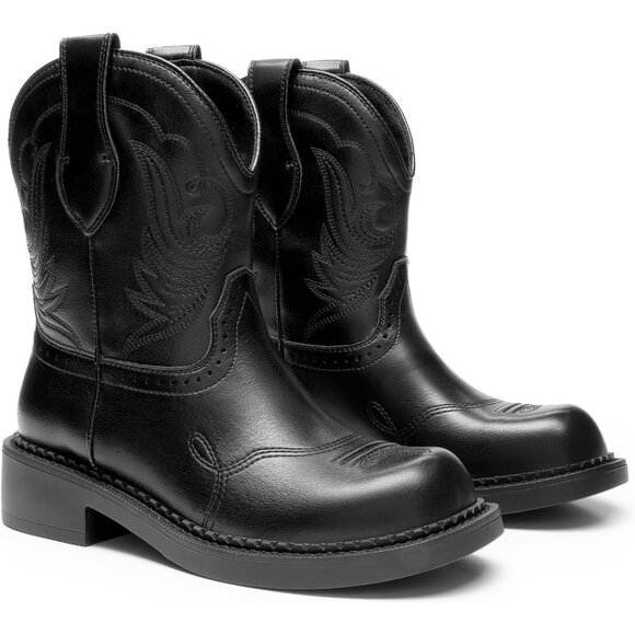 Women's Cowgirl Boots Round Toe Embroidered Mid Calf Western Boots Concert Black - Picture 4 of 7